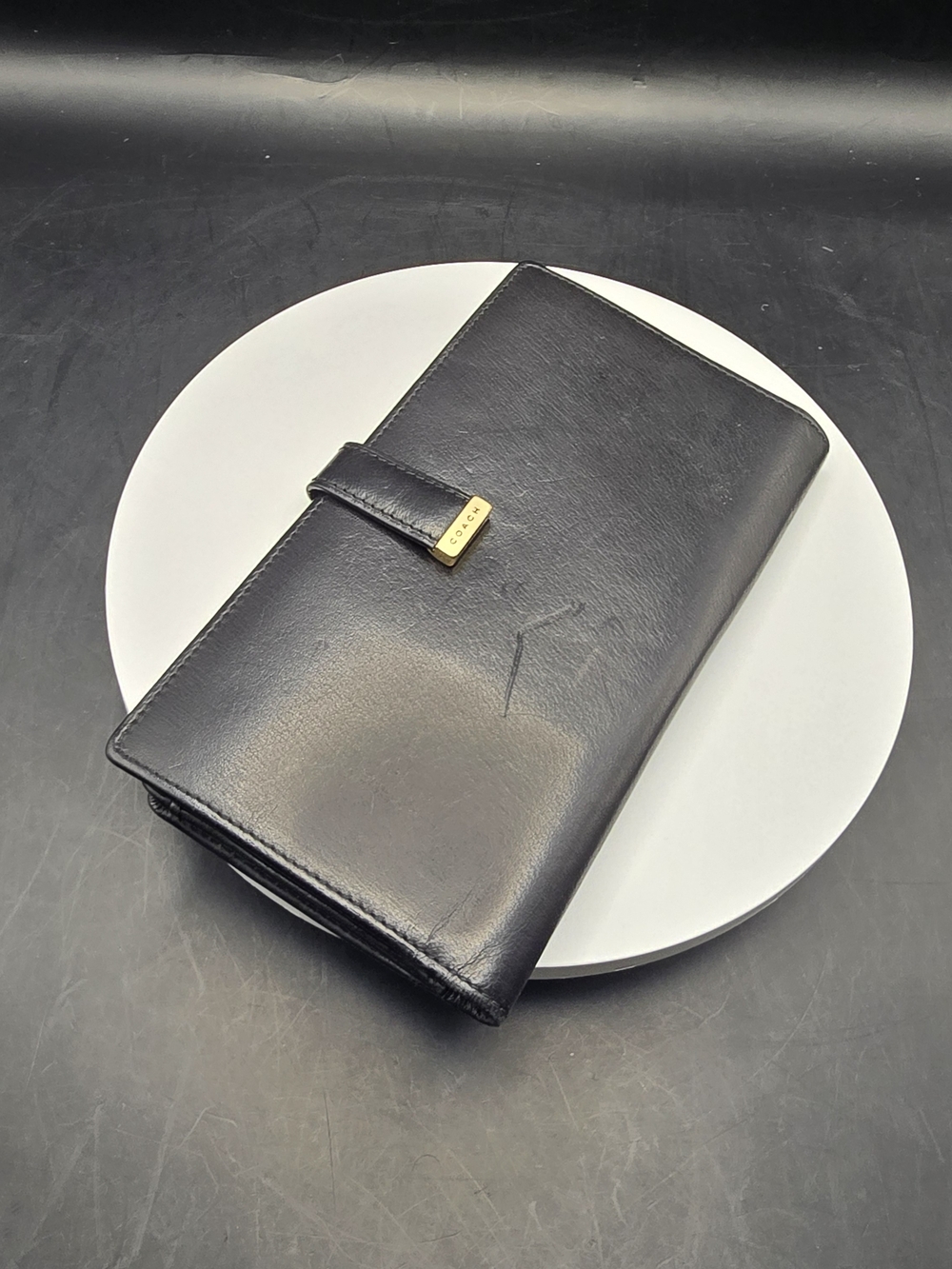 Vintage Coach Black Leather Checkbook Wallet with Gold Tone Accent
